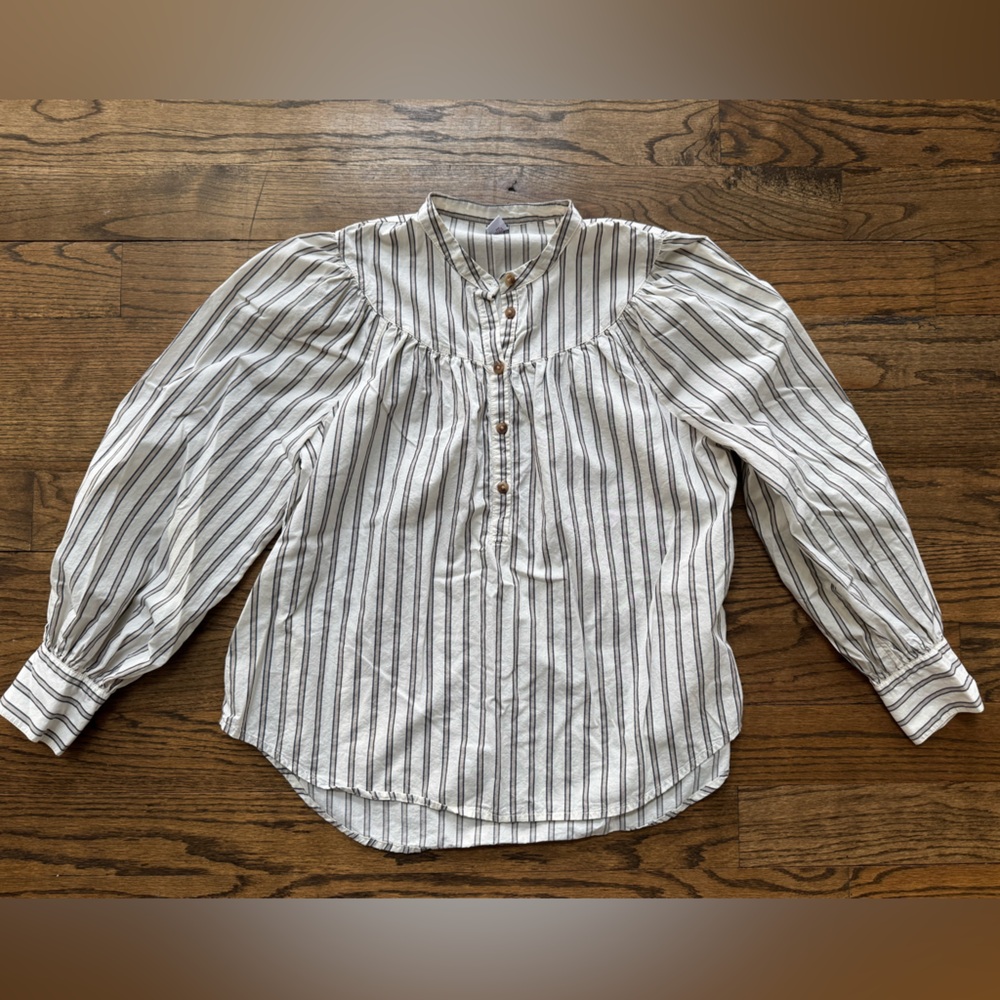Old Navy Cream Black Stripe Peasant Blouse Medium Balloon Sleeve